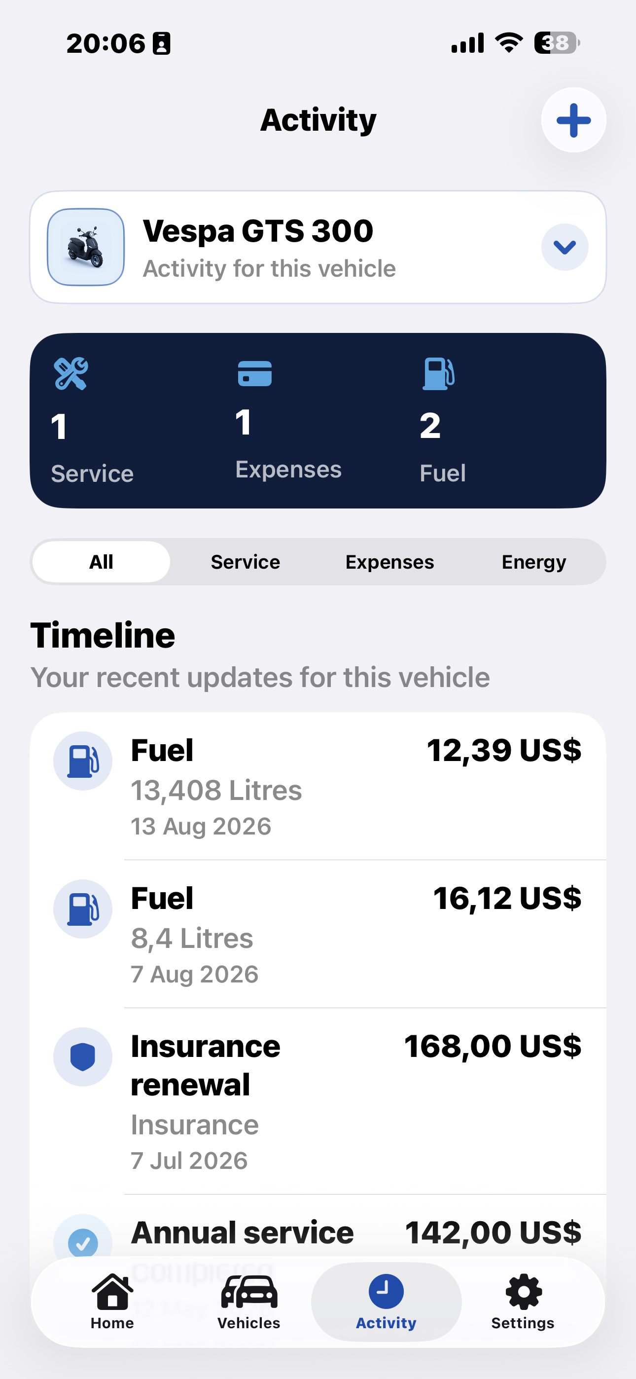 Garivo vehicle activity timeline