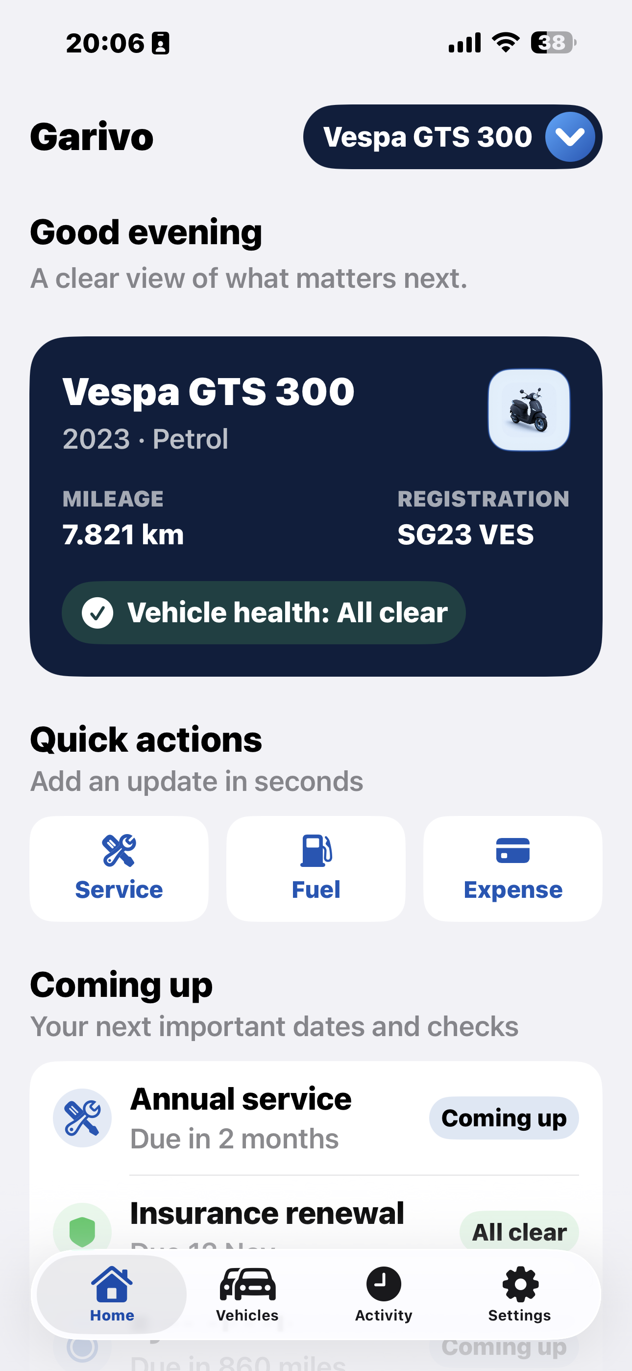 Garivo home screen showing a Vespa, quick actions and upcoming tasks